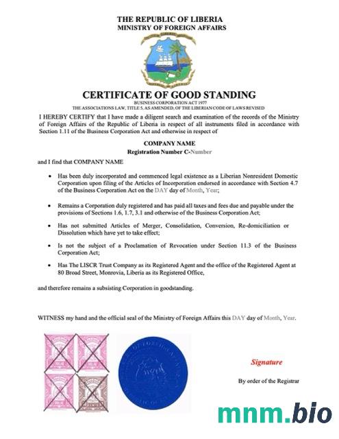 Liberia vcertyfikat of good standing Word i szablon PDF